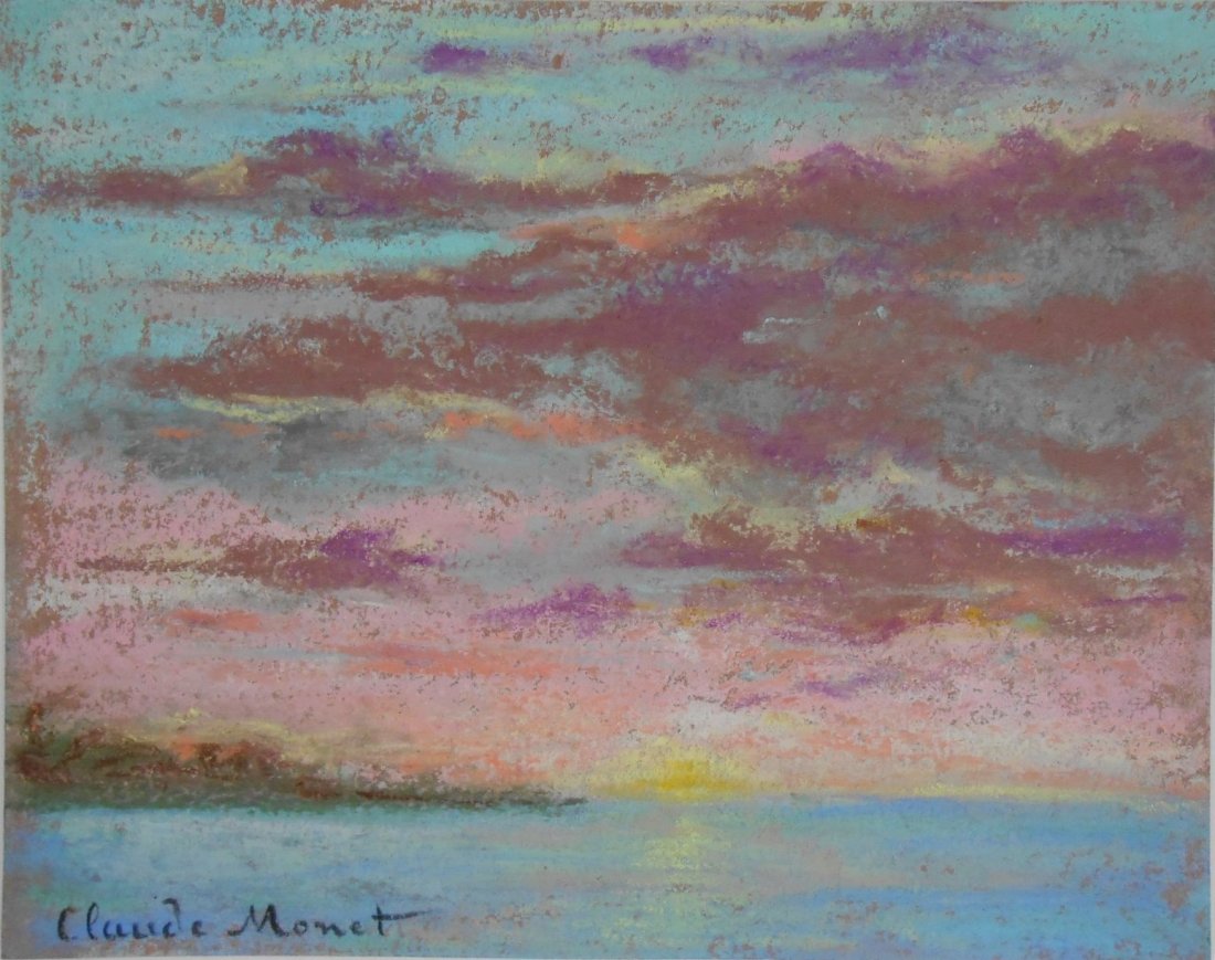 Claude Monet* (1840-1926) Pastel: Pastel on rose-colored wove paper, ocean at sunrise, signed (Claude Monet*, 1840-1926; see disclaimer). 5 1/2 x 6 7/8 inches. Very good condition, having no apparent damage or repairs. Has been remove
