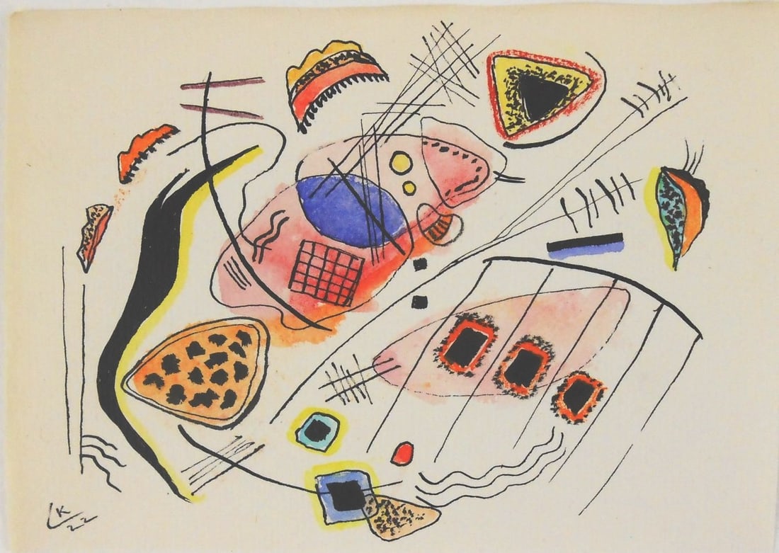 Wassily Kandinsky* (1866-1944) Watercolor: Watercolor and black ink on laid paper, untitled abstract, signed with the artist's monogram (Wassily Kandinsky*, 1866-1944). 4 1/4 x 5 7/8 inches. Very good condition, having no readily apparent dama