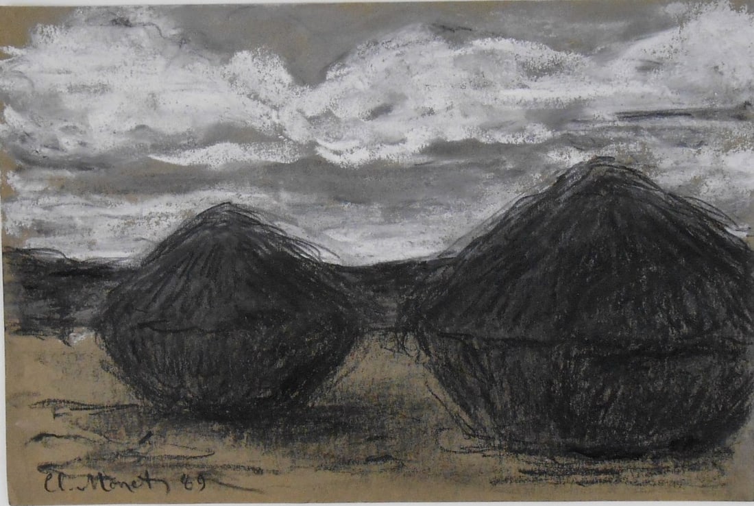 Claude Monet* (1840-1926) Charcoal Drawing: Charcoal drawing with white chalk on greyish-green wove paper, field with grainstacks, signed and dated (Claude Monet*, 1840-1926). 6 x 8 7/8 inches. Very good condition overall, having no apparent da