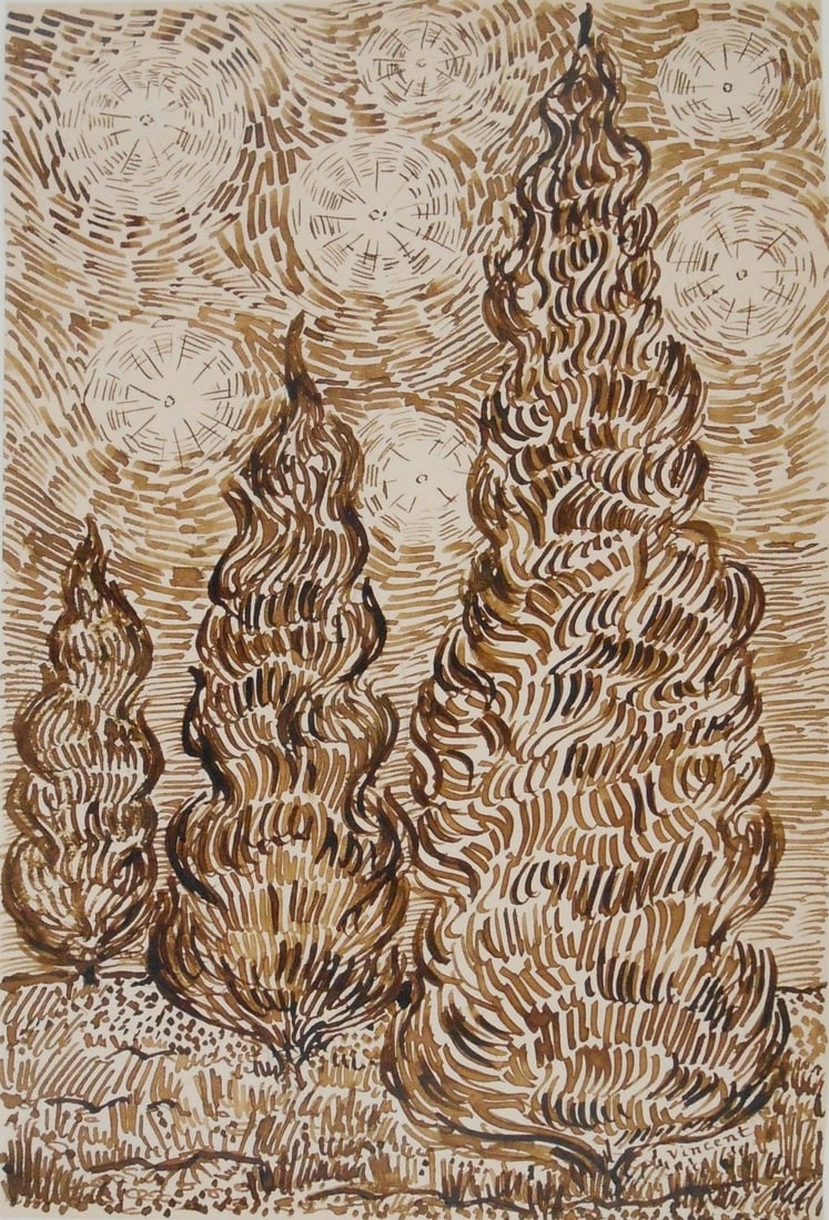 Vincent Van Gogh* (1853-1890) Ink Drawing (See Disclaimer): Brown ink drawing on wove paper, landscape (trees against a starlit sky), signed (Vincent van Gogh*, 1853-1890). 8 1/8 x 5 1/2 inches. Very good condition overall, having no readily apparent damage or