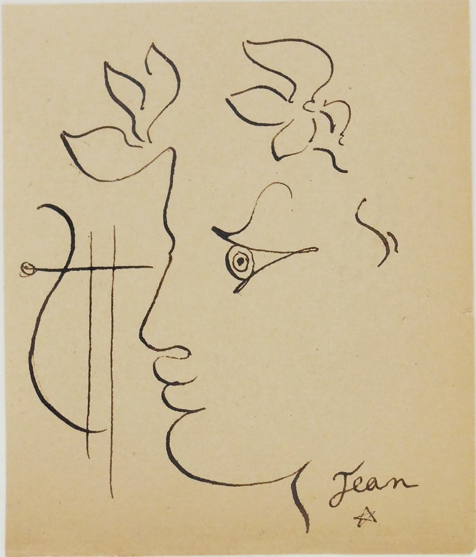 Jean Cocteau* (1889-1963) Pen & Ink Drawing: Brown ink drawing on tan-colored laid paper, Orpheus, signed (Jean Cocteau*, 1889-1963). Circa 1935-1940. 5 5/8 x 4 3/4 inches. Good condition overall; no apparent damage or repairs. Removed from fram