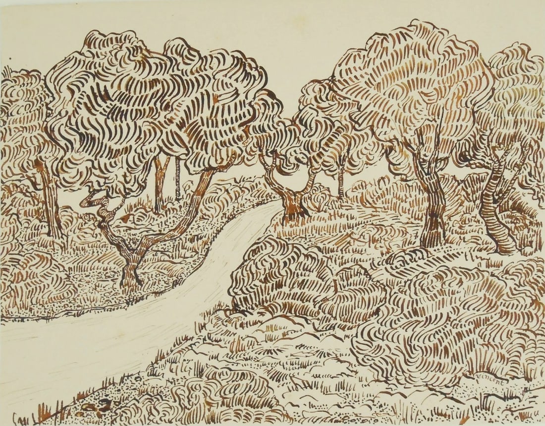 Vincent Van Gogh* (1853-1890) Ink Drawing (See Disclaimer): Dark brown ink drawing on wove paper, landscape (trees and winding path), signed (Vincent van Gogh*, 1853-1890). 7 7/8 x 10 1/4 inches. Very good condition overall, having no readily apparent damage o