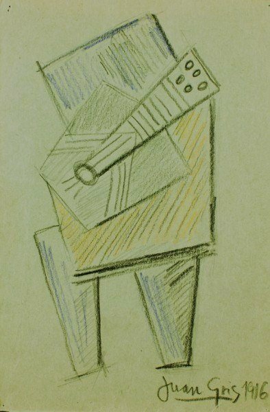 Juan Gris Abstract Drawing, 1916: Original drawing, abstract cubist composition, charcoal, chalk, and pencil on green paper, attributed to Juan Gris (1887-1927). Signed lower right and dated 1916. 7 1/2 x 5 inches. Matted but not fram