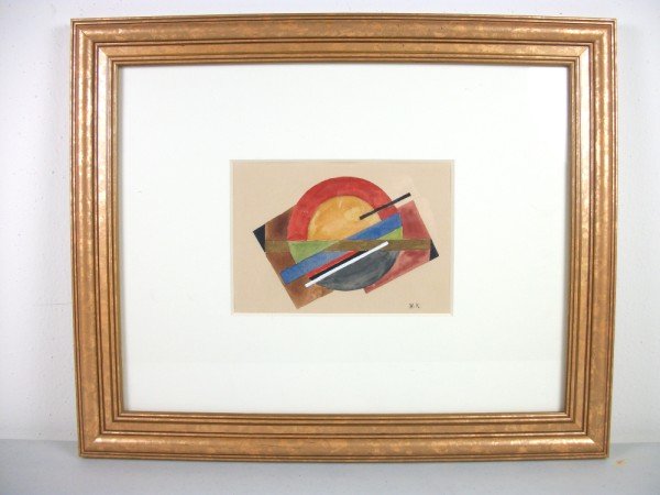 Early 20th Century "Soviet School" Watercolor: Supremetist abstract composition. Signed in Cyrillic. Very good condition. 4 1/2 x 6 1/2 inches (image size). Framed dimensions: 13 1/2 x 16 1/2 inches.