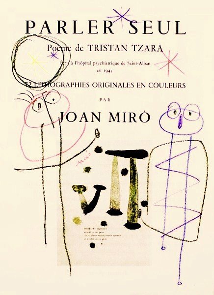Joan Miro (1893-1983) Crayon Sketch: Original crayon drawing, untitled abstract composition, on large printed sheet, "Parler Seul," attributed to Joan Miro (1893-1983), signed . 15 x 11 inches. Unframed. Very good condition. Lot Note: Th