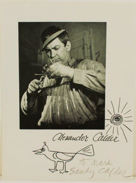 Alexander Calder Black Ink Sketch: Original ink sketch of a bird and sun attributed to Alexander Calder (1898-1976) and executed on a book leaf with a photograph of the artist at work. Drawing is pencil signed and inscribed, "To Mark,