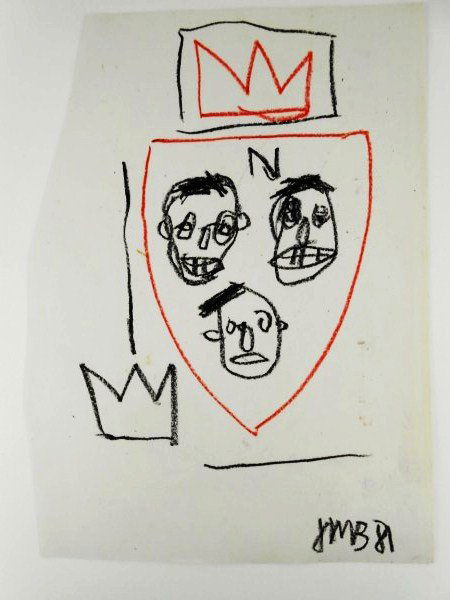 Jean-Michel Basquiat (1960-1988) Crayon Drawing: Red and black crayon drawing on paper, untitled, by Jean-Michel Basquiat (1960-1988). Initialed lower right and dated '81. 12 x 8 3/4 inches (irregular cut paper). Very good condition. Unframed.Proven