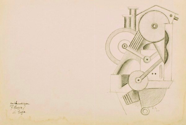 Fernand Leger Pencil Drawing, Circa 1920: Original pencil drawing, Industrial Machine, attributed to Fernand Leger (1881-1955). Signed with the artist's initials and dated '20. Drawn on the right half of a folded sheet of paper. Matted but no