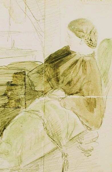 James McNeill Whistler (1834-1903) Watercolor: Interesting watercolor over pencil, portrait of a woman seated, signed upper right and attributed to James Abbot McNeill Whistler (1834-1903). Although undated, this little watercolor probably dates p