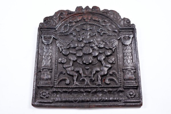 French Cast Iron Fire Back, 18th Century: Dimensions: 27 x 25 inches. Some old repairs but otherwise very good condition.