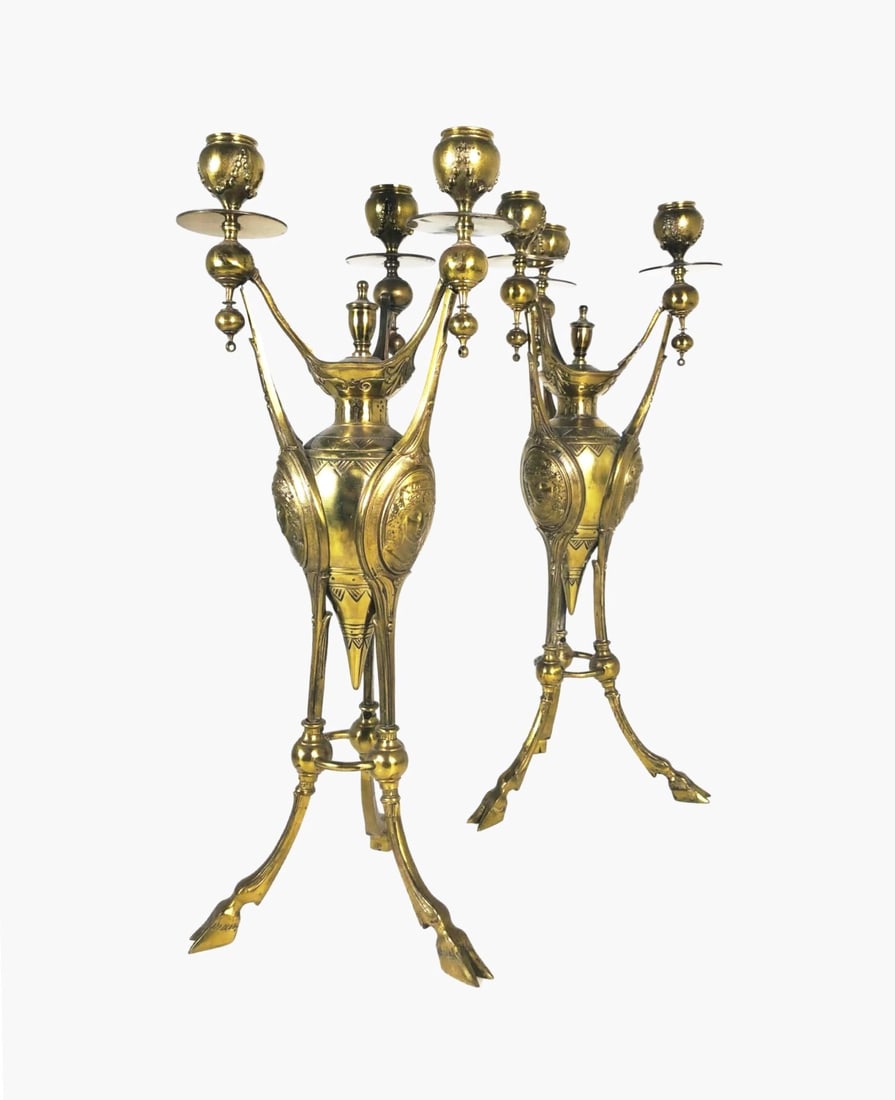 Henri Picard Bronze Candlesticks, Circa 1850: Pair of three-branch bronze candlesticks by Henri Picard (French, fl. 1831-1864). Signed. Very good condition overall. H. 17 inchesNote: Henri Picard was an important 19th century fondeur who worked i