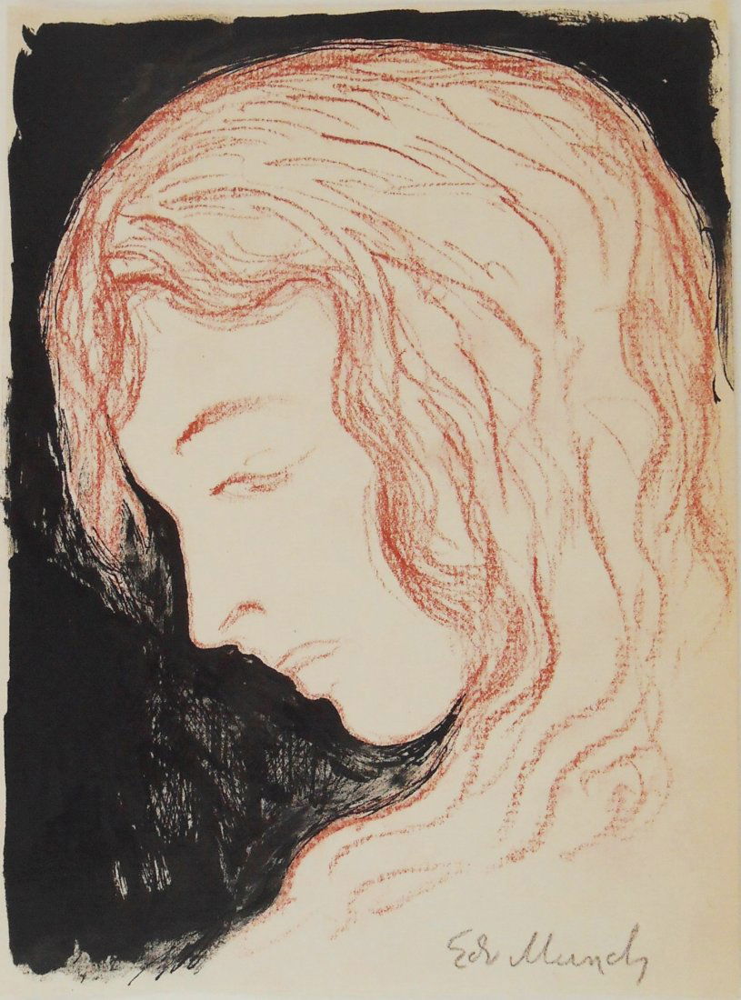 Edvard Munch* (1863-1944) Ink & Chalk Drawing: Black ink and sanguine chalk drawing on laid paper, portrait of a woman's head in profile, pencil signed (Edvard Munch*, 1863-1944). 6 7/8 x 5 1/8 inches. Very good condition overall, having no appare
