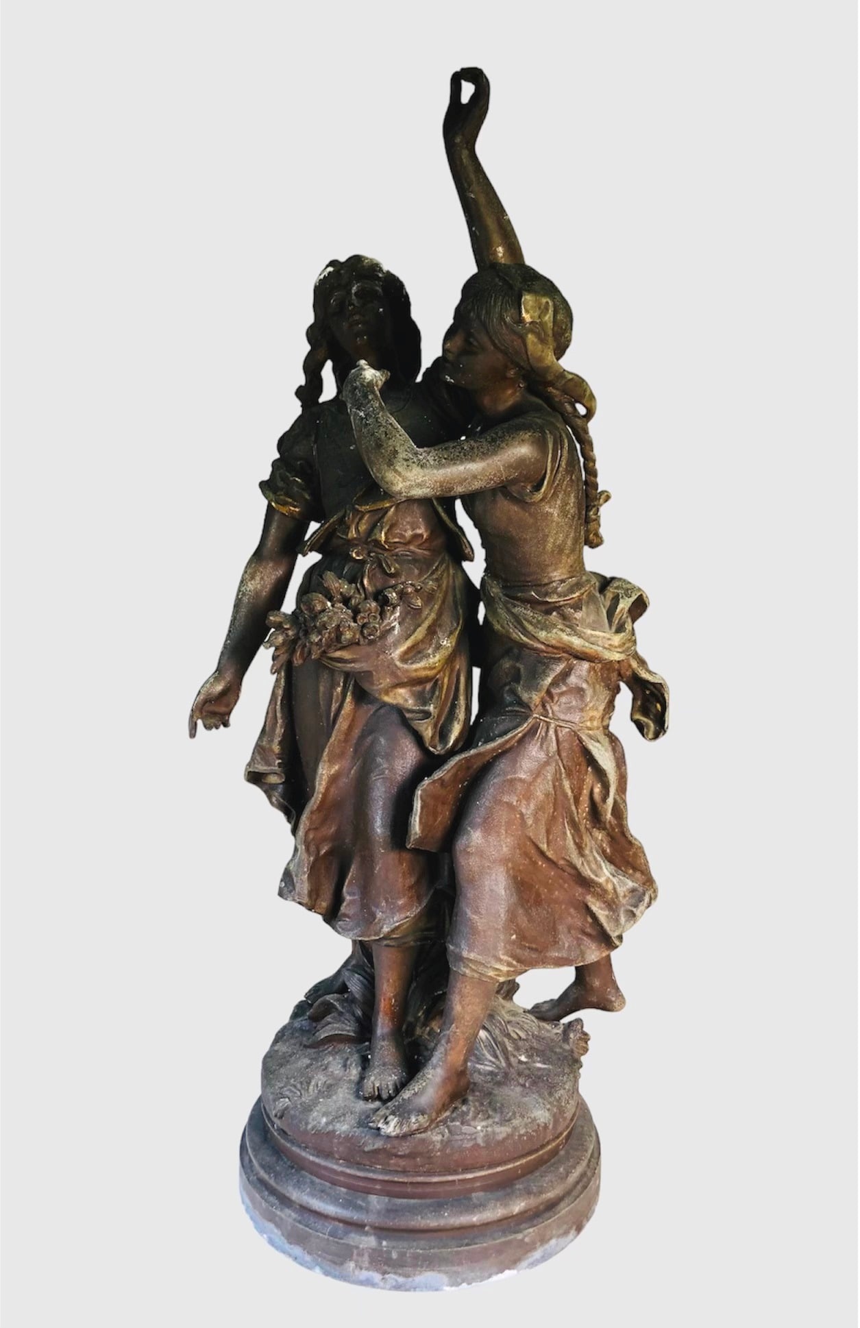 Antique European Fountainhead, Circa 1900: Metal fountainhead with two maidens, probably European, circa 1900. H. 24 inches