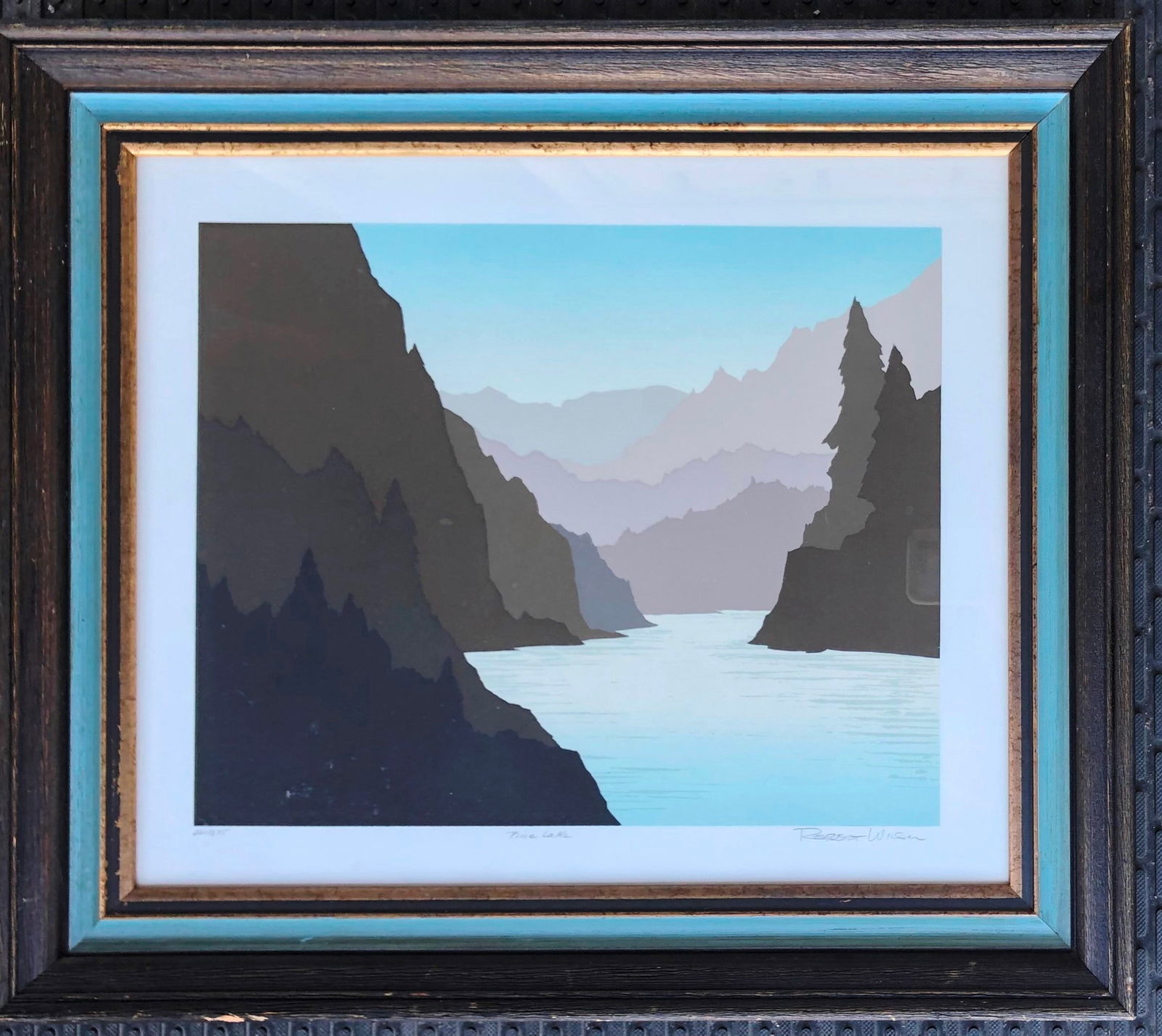 Robert Wilson (B. 1941) Pine Lake Lithograph: Original color lithograph, Pine Lake, by Robert Wilson (b. 1941). Pencil signed, titled, and numbered. Not examined out of frame; appears to be in very good condition. 20 3/4 x 24 inches (framed)