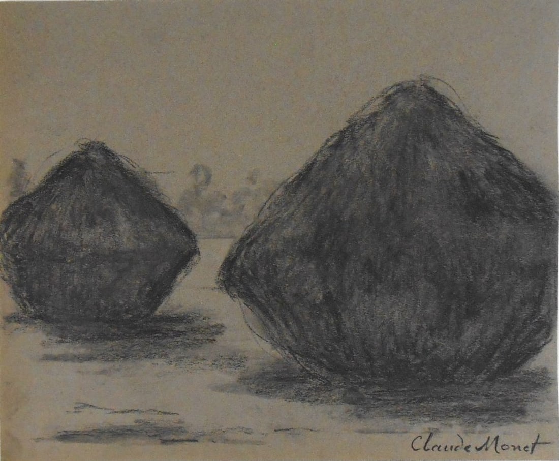 Claude Monet* (1840-1926) Charcoal Drawing: Charcoal drawing on grey wove paper, grainstacks, signed (Claude Monet*, 1840-1926). 7 7/8 x 9 1/2 inches. Very good condition overall. No apparent damage or repairs. Unframed for inspection, photogra