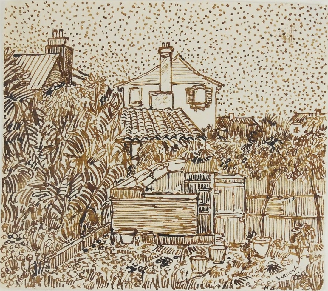 Vincent Van Gogh* (1853-1890) Ink Drawing (See Disclaimer): Brown ink drawing on laid paper, house with garden, signed (Vincent van Gogh*, 1853-1890). 6 1/2 x 7 1/4 inches. Bearing inventory number on reverse. Very good condition overall, having no apparent da
