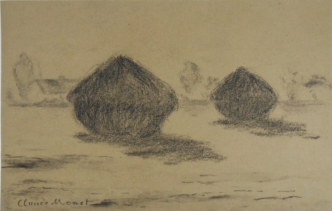 Claude Monet* (1840-1926) Charcoal Drawing: Charcoal drawing on greenish-brown wove paper, field with grainstacks, signed (Claude Monet*, 1840-1926). 8 3/8 x 13 inches. Very good condition overall. No apparent damage or repairs. Unframed for in