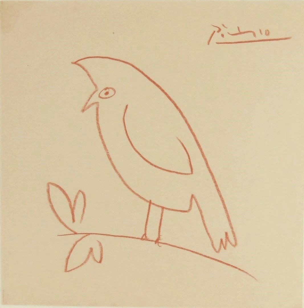 Pablo Picasso* (1881-1973) Red Pencil Drawing: Red pencil drawing on cream-color wove paper, bird perched on a branch, signed (Pablo Picasso*, 1881-1973). 7 1/4 x 7 1/4 inches. Very good condition; no apparent damage or repairs. Unframed for inspe