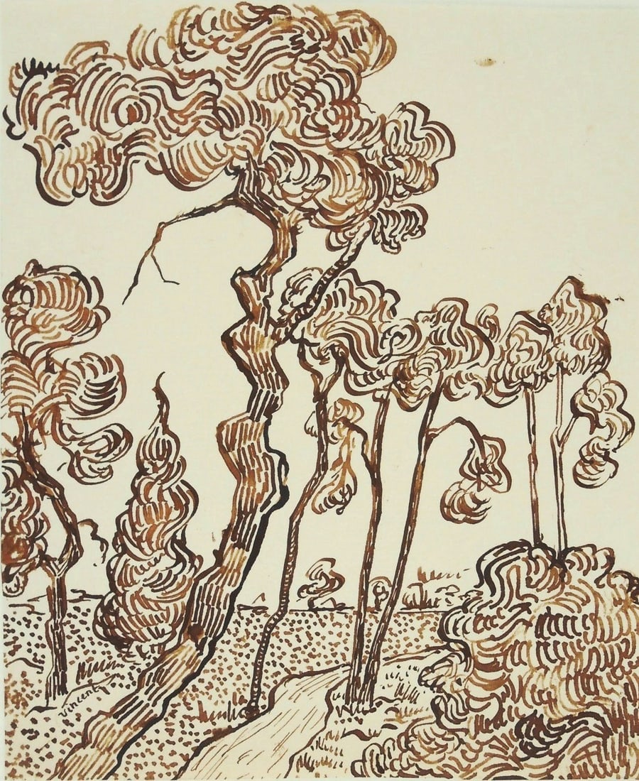 Vincent Van Gogh* (1853-1890) Pen & Ink Drawing (See Disclaimer): Pen and ink drawing on laid paper, landscape with trees, signed (Vincent van Gogh*, 1853-1890). 8 1/8 x 6 3/4 inches. Very good condition overall; no readily apparent damage or repairs. Has been remov