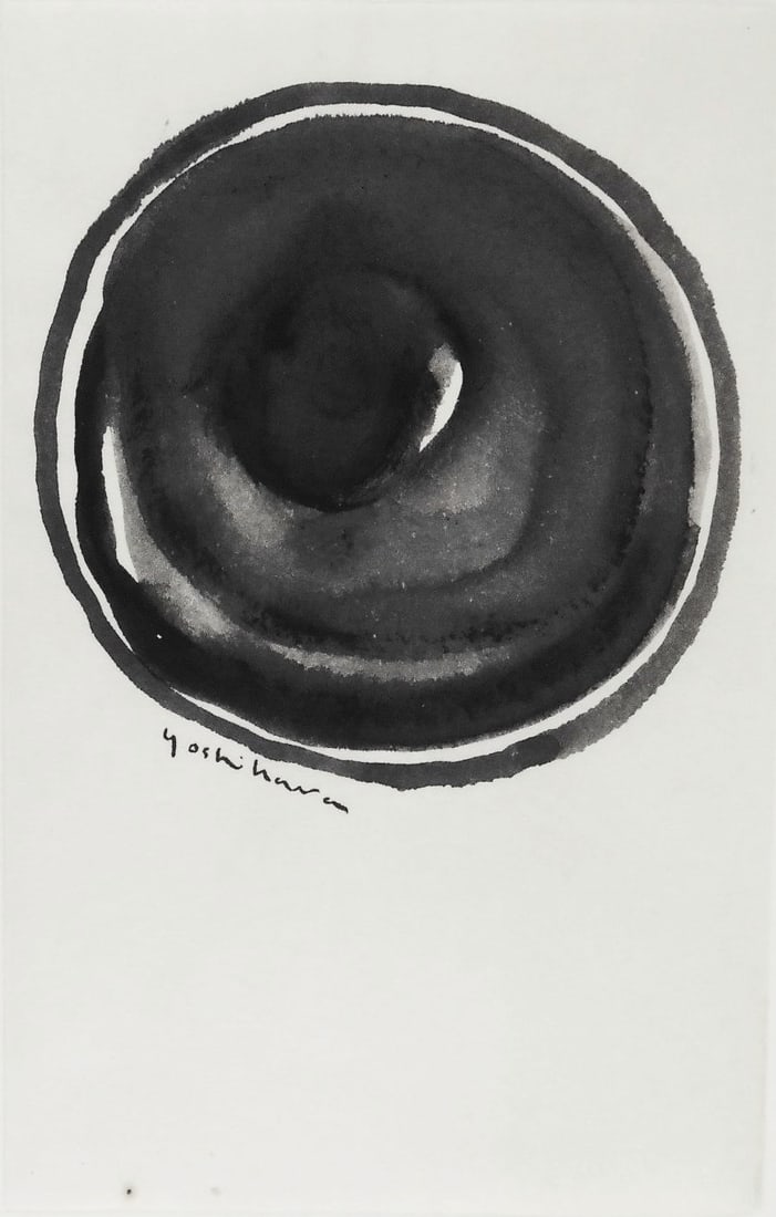 Jiro Yoshihara* (1905-1972) Ink Drawing: Ink drawing on rice paper, untitled composition with circles, signed (Jiro Yoshihara*, 1905-1972). 9 3/4 x 6 1/4 inches. Very good condition overall, having no apparent damage or repairs. Two very tin