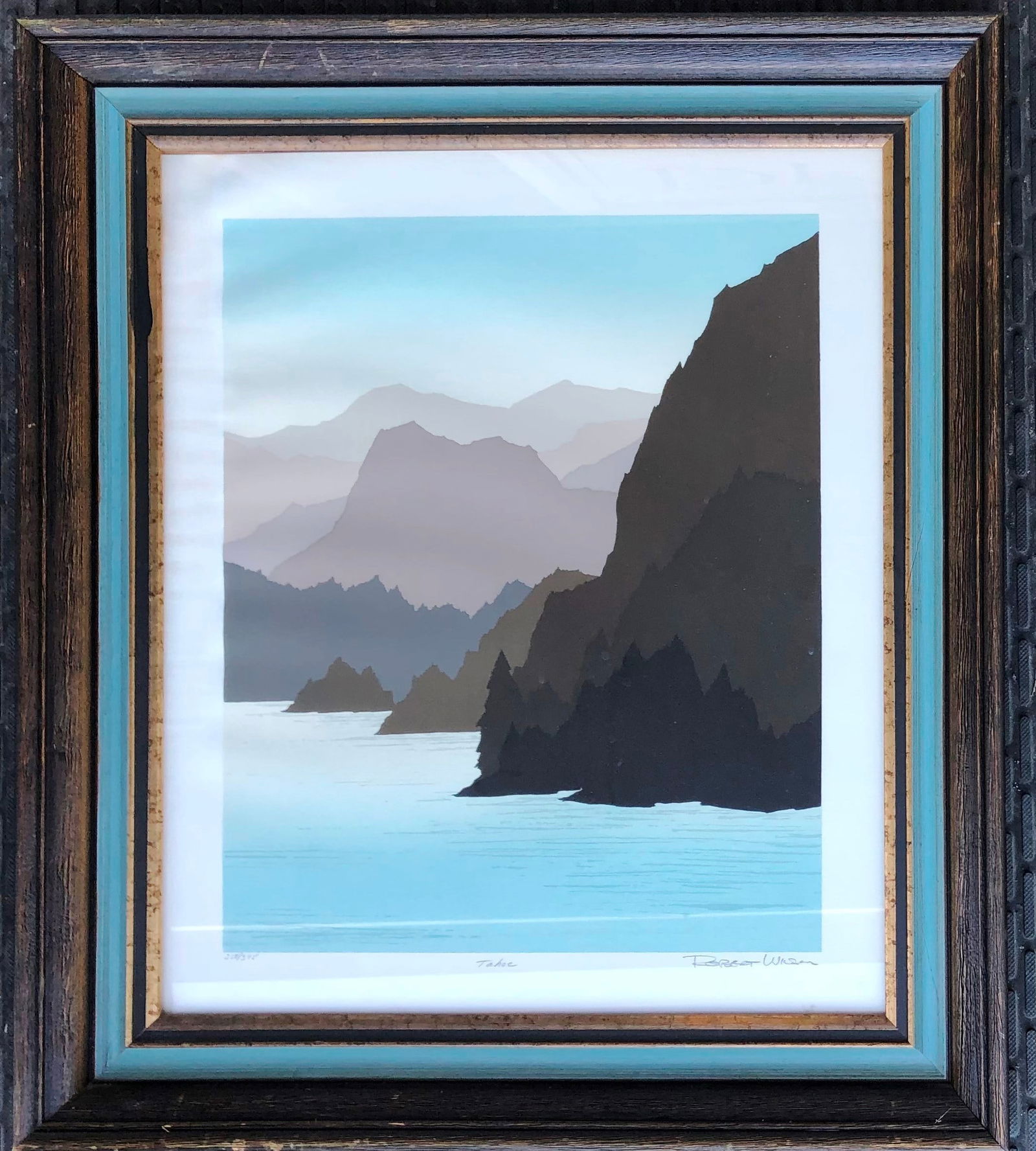 Robert Wilson (B. 1941) Lake Tahoe Lithograph: Original color lithograph, Lake Tahoe, by Robert Wilson (b. 1941). Pencil signed, titled, and numbered. Not examined out of frame; appears to be in very good condition. 24 x 20 3/4 inches (framed)