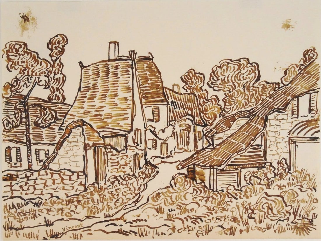 Vincent Van Gogh* (1853-1890) Ink Drawing (See Authentication Disclaimer): Pen and brown ink drawing on laid paper, village street with houses, signed (Vincent van Gogh*, 1853-1890). 6 3/8 x 8 3/8 inches. Very good condition, having no apparent damage or repairs. Removed fro