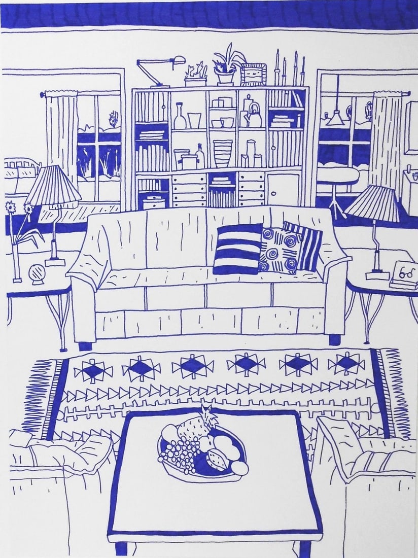 Florent Stosskopf (B. 1989) Ikea Drawing: Original purple marker pen drawing on wove paper, "Ikea 1992," by Florent Stosskopf. Signed, titled, and dated on reverse. 15 3/4 x 11 5/8 inches. Excellent condition, having no readily apparent damag