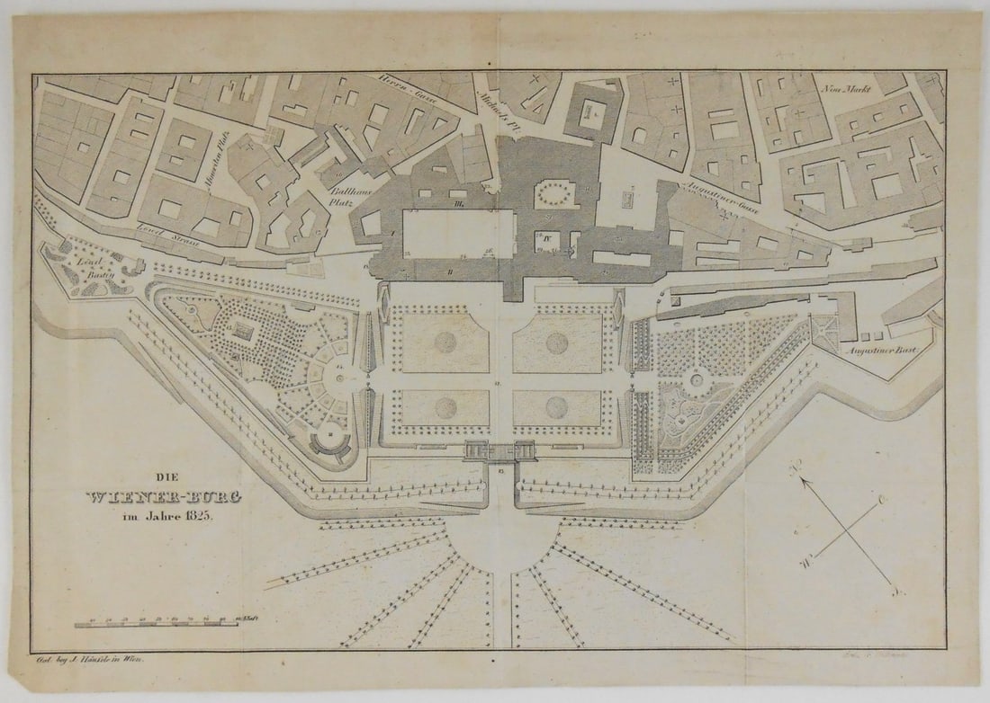Map Of The Vienna Castle, 1825: Folding map, "Die Wiener-Burg," circa 1825. Printed on wove paper. Very good condition overall (typical fold creases). 9 3/4 x 14 inches.