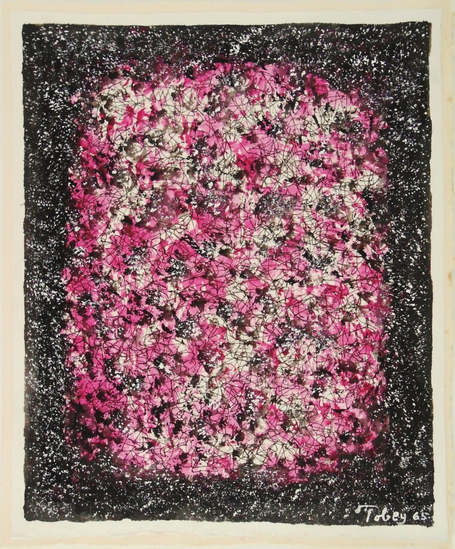 Mark Tobey* (1890-1976) Tempera On Paper (See Disclaimer): Tempera and fiber-tip pen on laid rice paper with paper mount, untitled abstract, signed and dated (Mark Tobey*, 1890-1976). 9 1/4 x 7 5/8 inches. Very good condition, having no apparent damage or rep