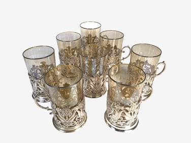 Persian Silver Cup Holders With Glasses