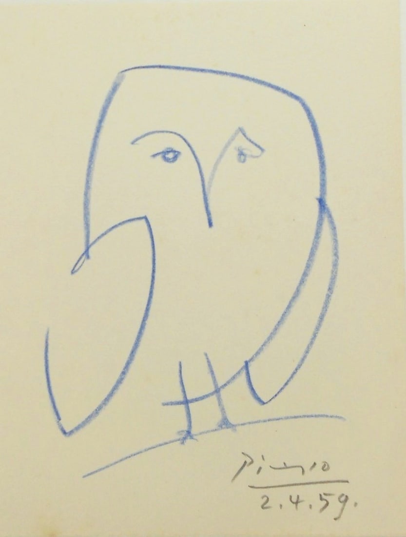 Pablo Picasso* (1881-1973) Colored Pencil Drawing (See Disclaimer): Colored pencil drawing on wove paper, perching bird, pencil signed and dated (Pablo Picasso*, 1881-1973). 7 1/2 x 5 5/8 inches. Very good condition overall. Removed from frame for inspection, photogra