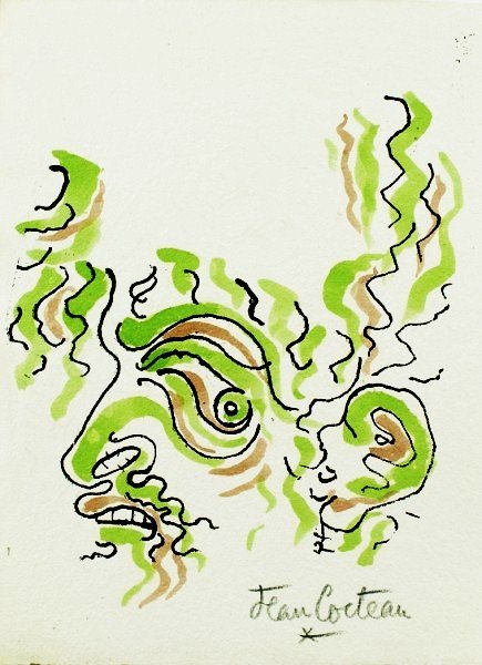 Jean Cocteau (1889-1963) Handcolored Lithograph: Original rare double-sided lithograph by Jean Cocteau, printed on handmade paper, the obverse having extensive watercolor additions by the artist, the reverse printed in black and white with no waterc