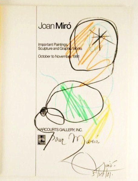 Joan Miro Crayon Drawing: Original crayon drawing, untitled abstract composition, attributed to Joan Miro (1893-1983) and executed on the title page of "Joan Miro: Important Paintings, Sculpture and Graphic Works, October to N