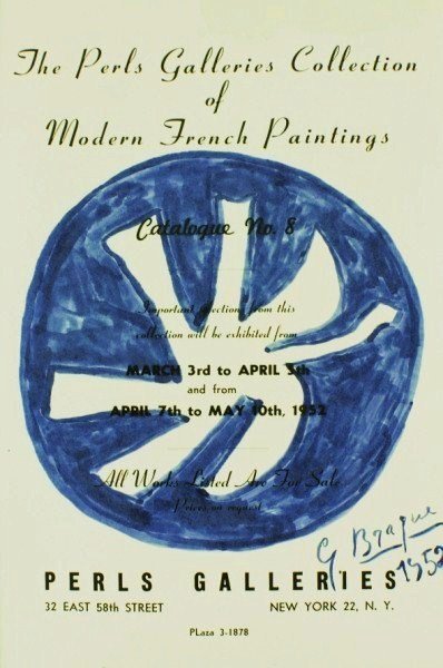 Georges Braque Exhibition Catalog & Sketch: Original blue ink drawing, bird in flight, attributed to Georges Braque (1882-1963) and executed on the title page of "Modern French Paintings," an exhibition catalog published by Perls Galleries, 195