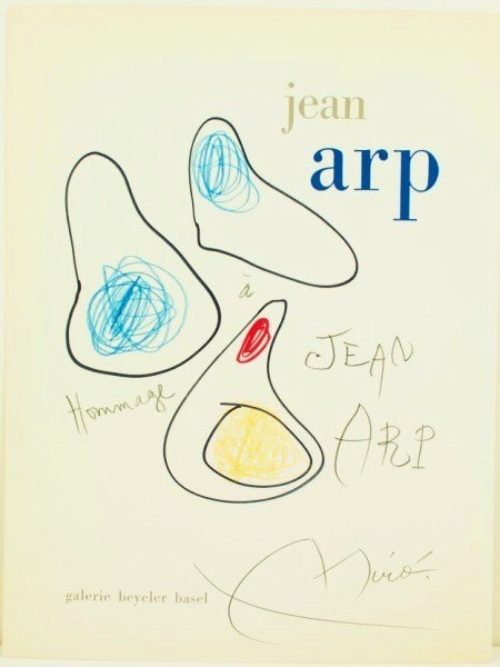 Joan Miro Ink & Crayon Sketch: Original black ink and colored crayon sketch, "Hommage a Jean Arp", attributed to Joan Miro (1893-1983) and executed on a page removed from an exhibition catalog featuring works by Miro and Arp and pu