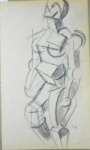 Early Russian Cubist Drawing: Early Russian Cubist drawing, untitled figural composition, graphite (or charcoal) on paper. Initialed in Cyrillic. 13 1/4 x 8 inches. Overall very good condition. Unframed.