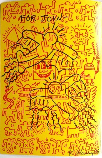 Keith Haring, Art In Transit Sketch: Original marker pen sketch attributed to Keith Haring (1958-1990) and executed on the inside front cover of "Art in Transit (Subway Drawings by Keith Haring)". Sketch is signed and dated 1986 and insc