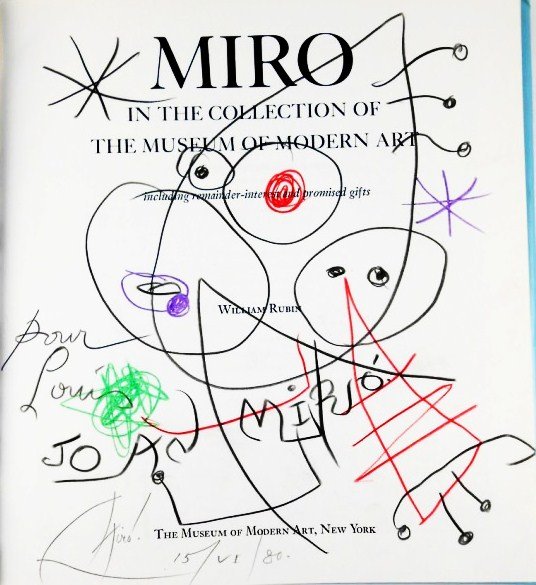 Joan Miro Title Page Drawing: Wonderfully exhuberant original colored pencil drawing, untitled abstract, attributed to Joan Miro (1893-1983) and executed on the title page of "Miro" by William Rubin. Published by the Museum of Mod