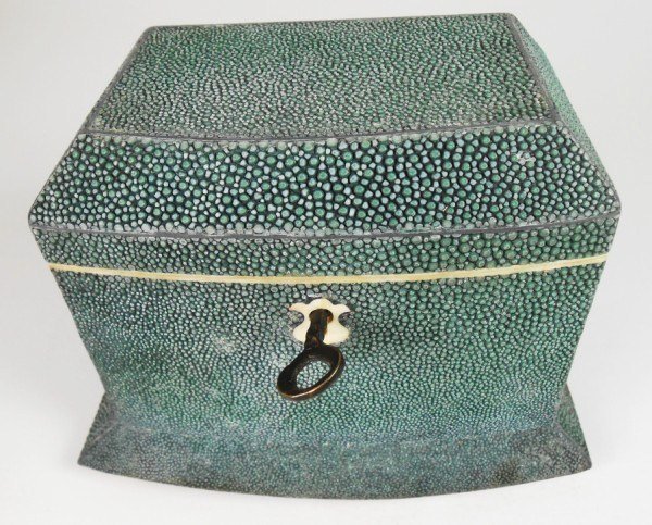 Shagreen-Covered Tea Caddy: Probably English or French, circa 1900. H. 4 1/2 inches. W. 6 inches. D. 4 1/4 inches.