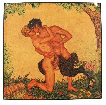 Early Erotica Watercolor, Circa 1900-1915: Rare early 20th century erotica watercolor of a male youth with a faun (possibly Pan). 6 3/4 x 6 3/4 inches. Framed. Very good condition. Provenance: Ex-collection Michael Langford, Dallas, Texas