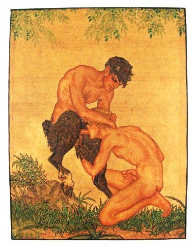 Early Erotica Watercolor, Circa 1900-1915: Rare early 20th century erotica watercolor of a male youth with a faun (possibly Pan). 8 3/4 x 6 3/4 inches. Framed. Very good condition. Provenance: Ex-collection Michael Langford, Dallas, Texas