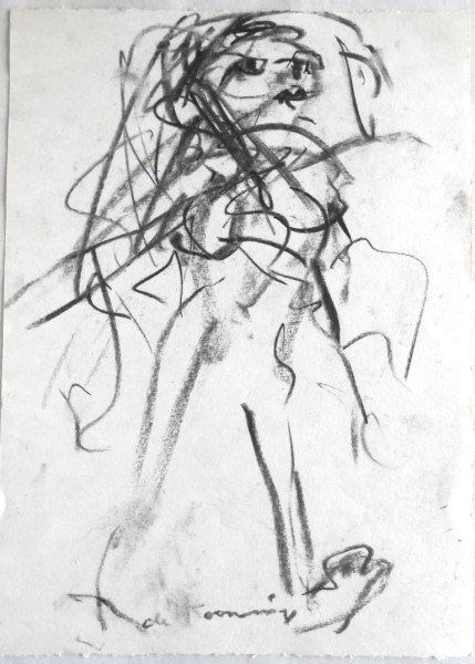 Willem De Kooning (1904-1997) Charcoal Drawing: Small charcoal drawing, walking figure, by Willem de Kooning (1904-1997). Signed lower middle. Some smudging present but otherwise in good condition. Probably circa 1970-1980. Unframed. 10 x 7 1/4 inc