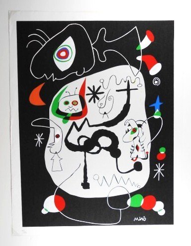 Joan Miro (1893-1983) Lithograph, Signed: Untitled multi-color print attributed to Joan Miro (1893-1983), pencil signed and numbered (4 / 50). Image measures approximately 24 x 18 inches. Sheet size: 26 x 20 inches. Very good condition. Unfra