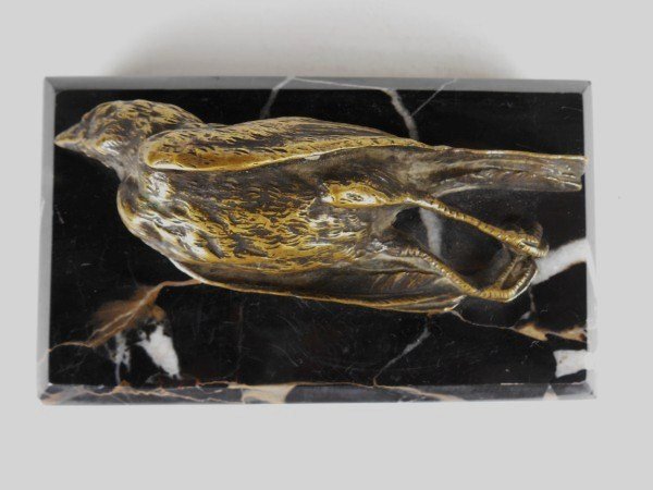 Bronze Bird, French, 19th Century: French bronze of a dead bird, possibly Pierre Jules Mene, on a marble base. 19th century. L. 4 3/4 inches.