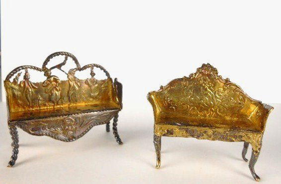 Two Miniature Sterling Silver & Gilt Settees: Probably Dutch, with London sterling silver import hallmarks, circa 1890-1900. Very good condition. Length of largest: 2 1/8 inches. H. 2 inches. Very good condition.