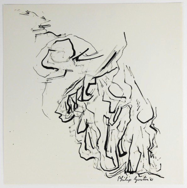 Philip Guston (1913-1980) Abstract Composition: Abstract, black ink on paper, untitled, by Philip Guston. Signed lower right and dated '61. 9 3/4 x 9 3/4 inches. Provenance: Acquired by the present owner's father from James Tigerman, James Tigerman