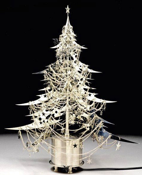 Shi Jinsong (b. 1969) Christmas Tree Sculpture: Musical Christmas tree stainless-steel sculpture by Shi Jinsong (b. 1969), circa 2007. Complete with motor, gear, and electric chip. Excellent condition. H. 19.3 inches. W. 21.3 inches. Original signe