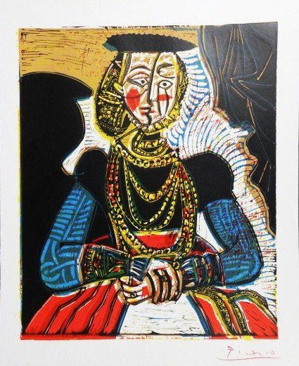 Pablo Picasso (1881-1973) Linocut: Portrait of a Lady, After Lucas Cranach the Younger, by Pablo Picasso. Signed in red pencil, lower right. 12 1/2 x 10 inches. Excellent condition. Unframed.