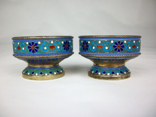 Russian Silver Salts Retailed By Tiffany: Pair of Russian sterling silver, gilt-wash, and enamel salts. Made expressly for and retailed by Tiffany. Russian makers' mark (in Cyrillic): AK, probably Antip Kuzmichov, Moscow, 1856-1897. Each piec