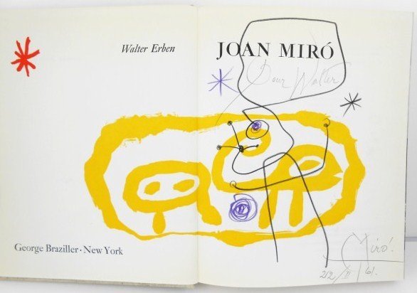 Joan Miro (1893-1983) Original Book Sketch: Original colored pencil drawing executed on the title page of "Joan Miro" by Walter Erben and attributed to Joan Miro (1893-1983). Published by George Braziller, New York, 1959. Pencil signed and date